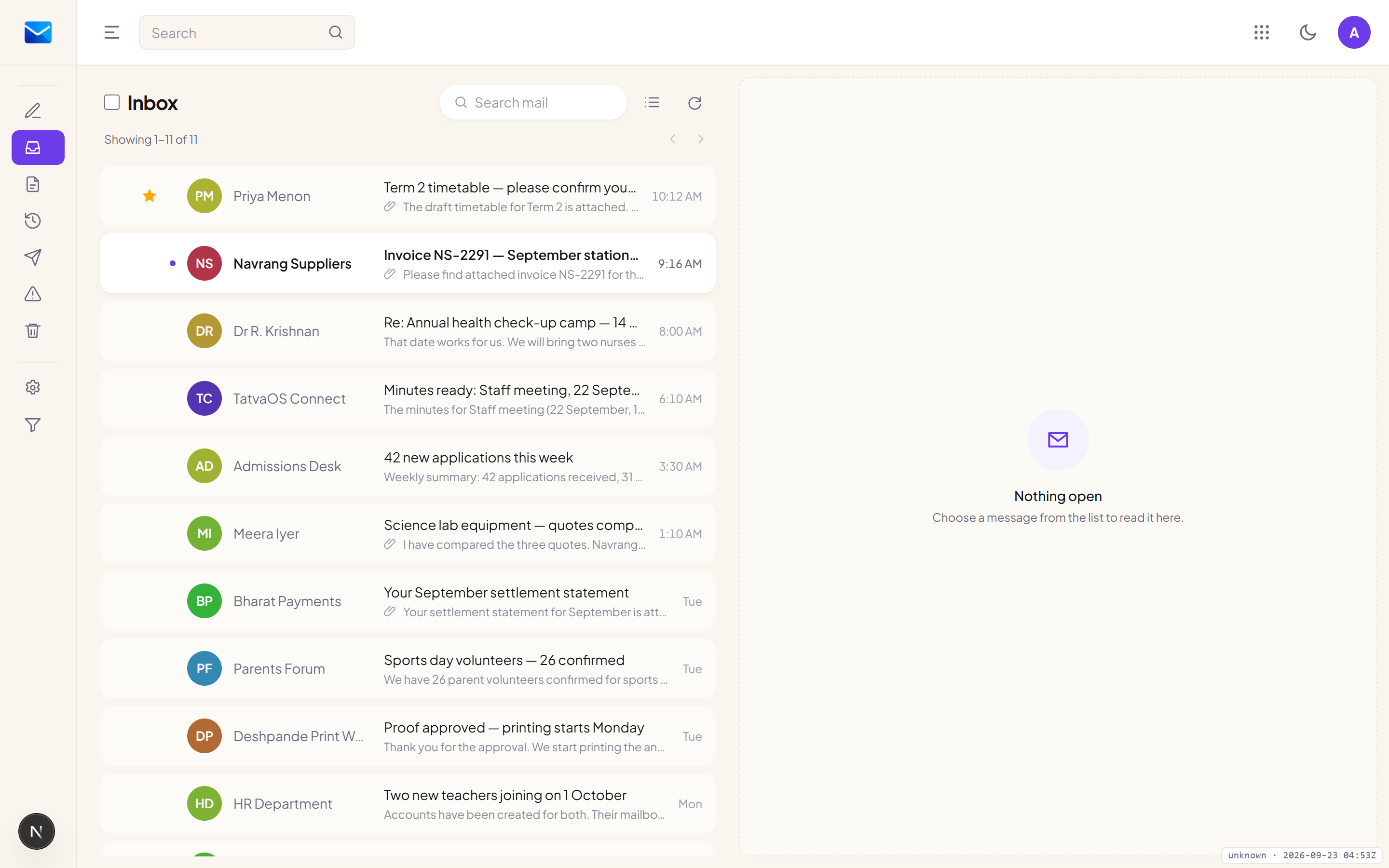 TatvaOS Mail inbox with a conversation open in the reading pane